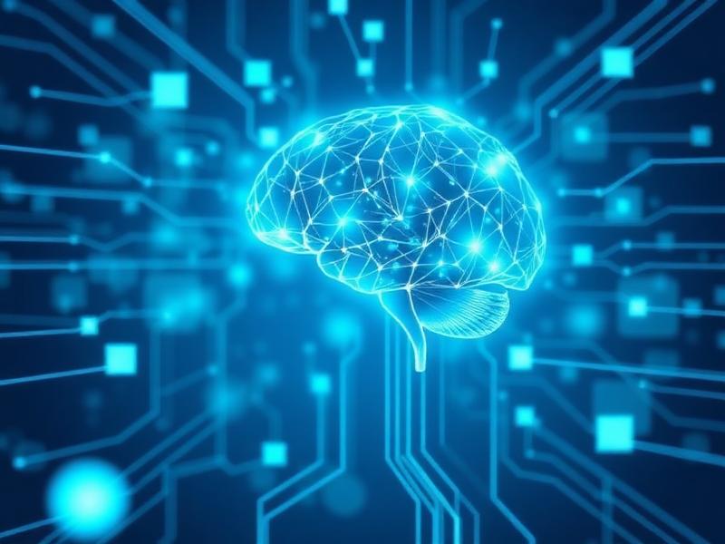 A glowing brain rendered as circuitry on a dark blue background