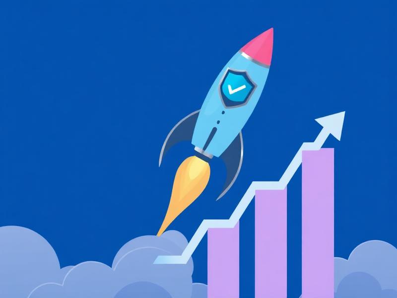 A rocket taking off beside a rising bar chart