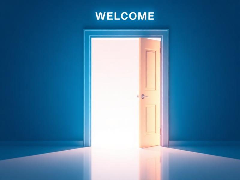 A glowing open door beneath a WELCOME sign